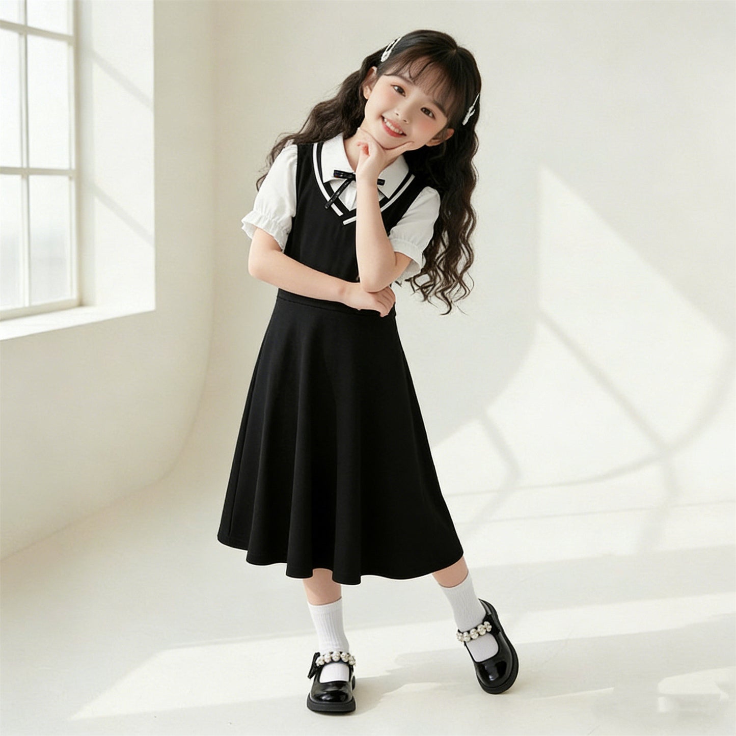 Preppy Style Middle Big University Princess Stitching Children's Dress