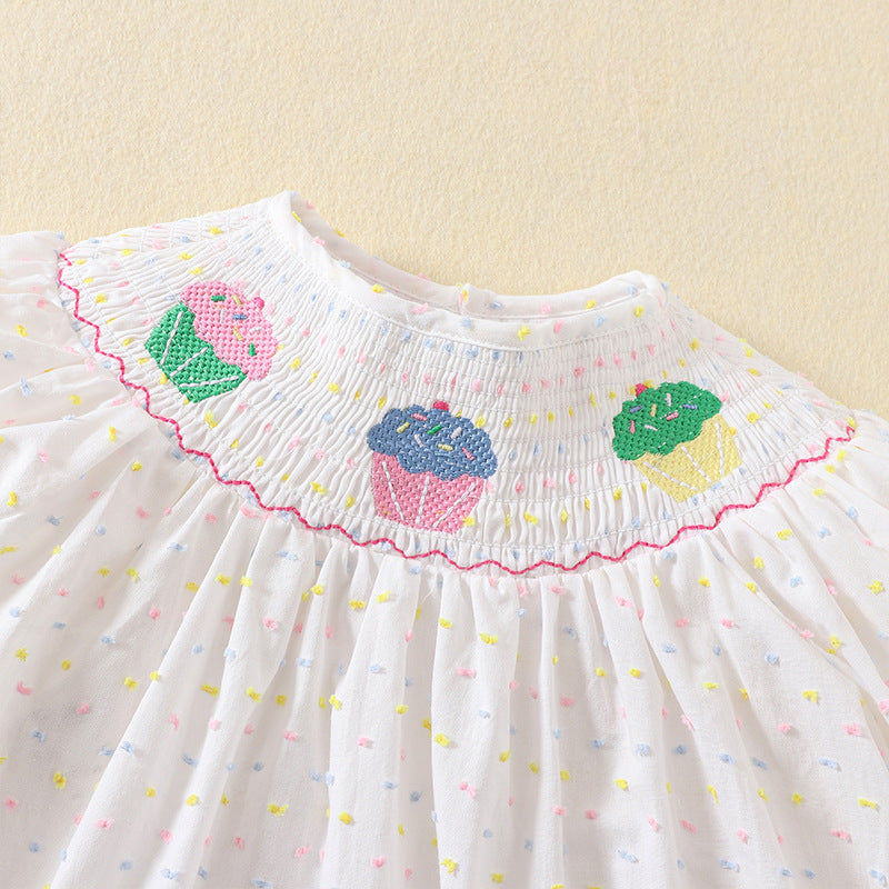 Summer Smocking Puff Sleeve Colorful Cotton Cake Embroidery Korean Children's Dress