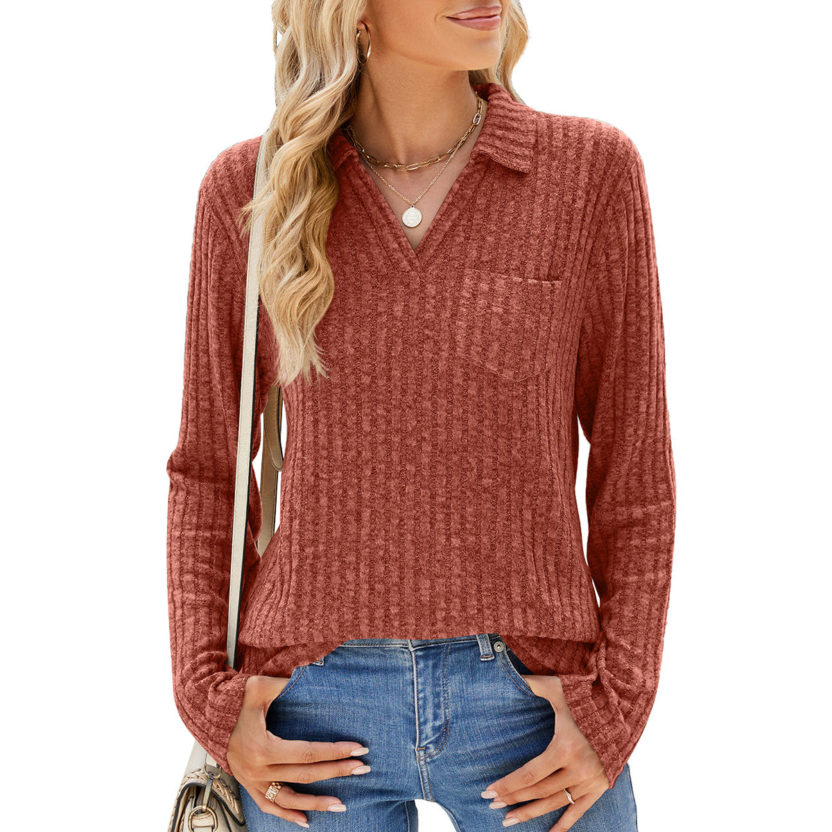 Women's Solid Color Polo Collar Pocket Long Sleeve Tops