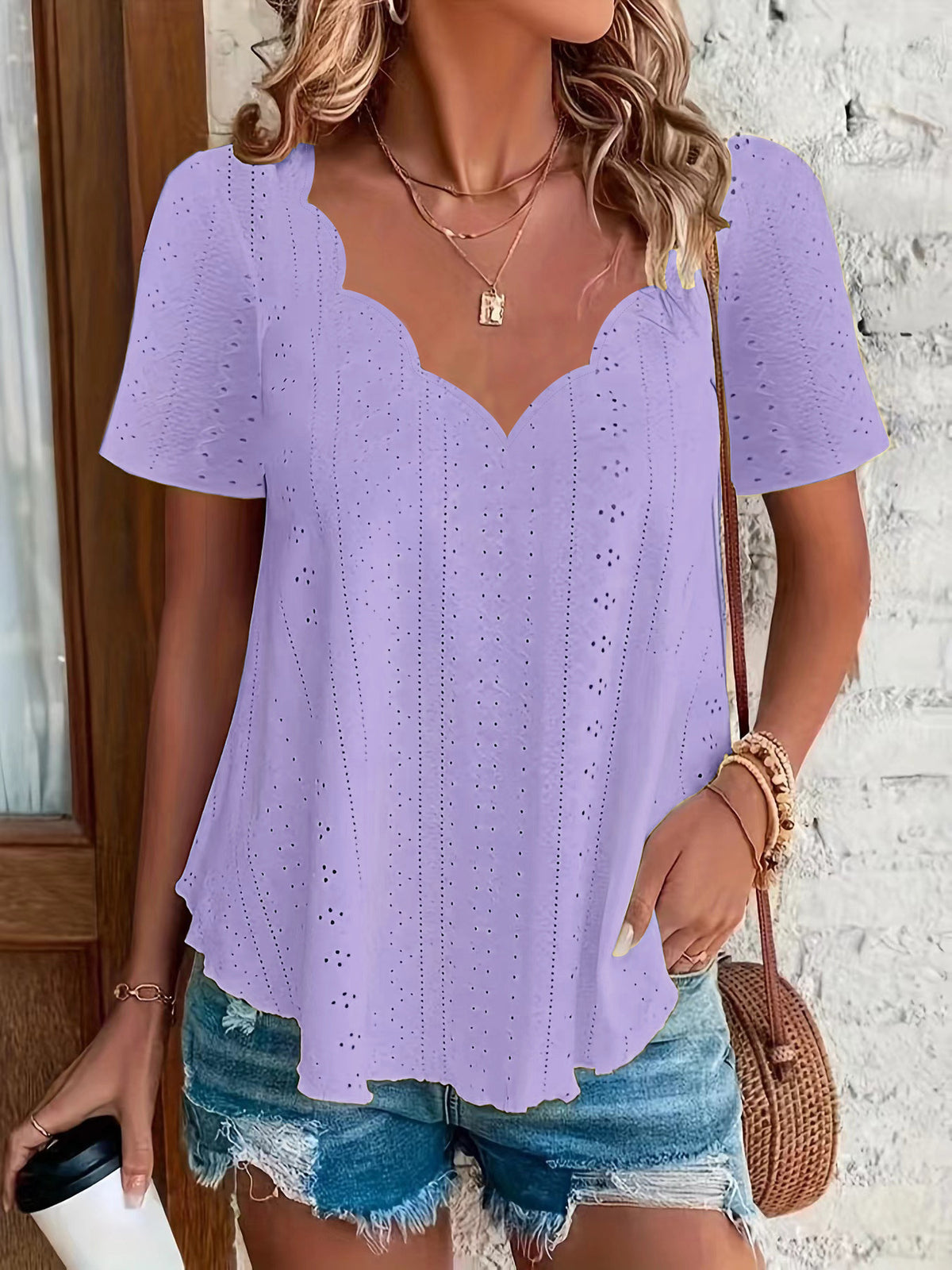 Women's Fashion Summer Casual Solid Color Scallop Women's T-shirt