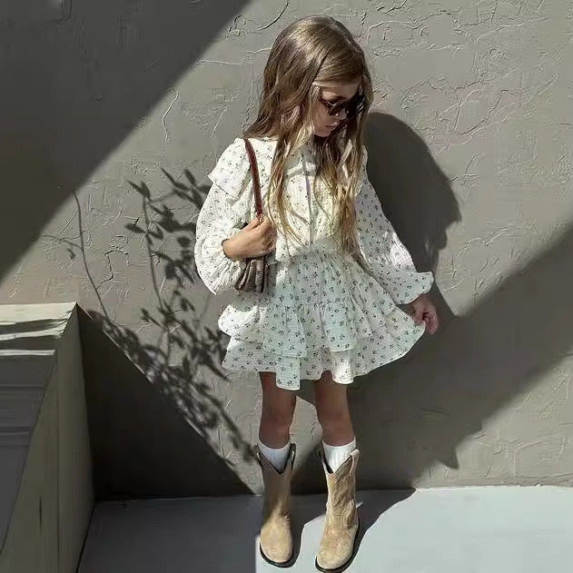 Floral Cotton Linen Lace Shirt Tiered Skirt Children's Suit