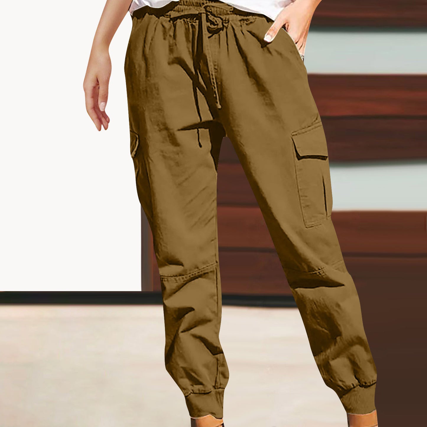 Women's Solid Color Fashion Pocket Cargo High Casual Pants