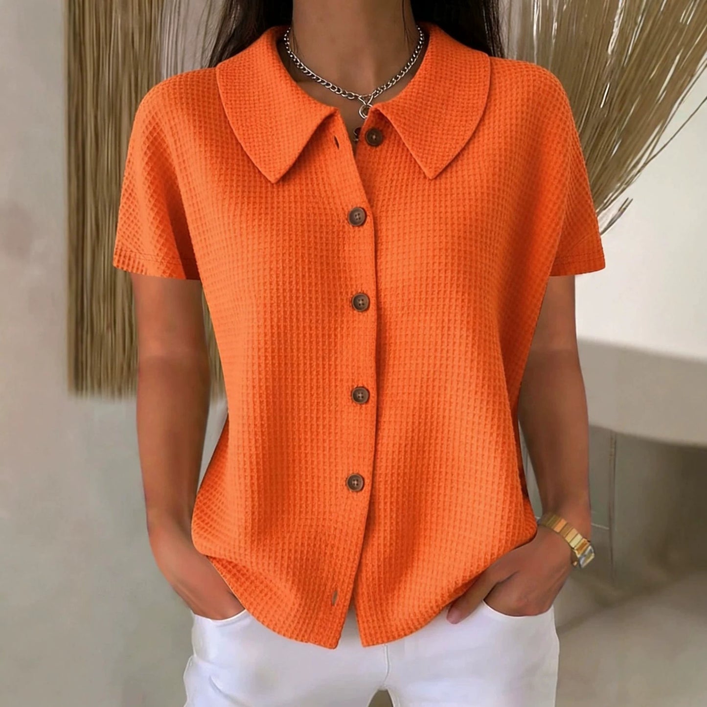 Fashion Elegant Lapel Waffle Solid Color Casual Sleeve Shorts