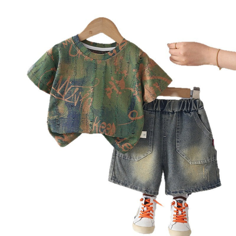 Children's Trendy Clothing Summer Blooming Letters Short-sleeved Handsome Children's Suit