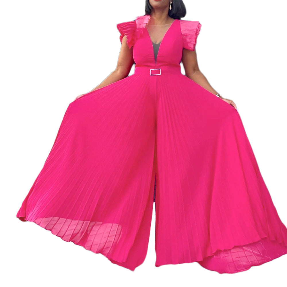 Women's Mesh Sexy Pleated Wide Leg Fitted Jumpsuits