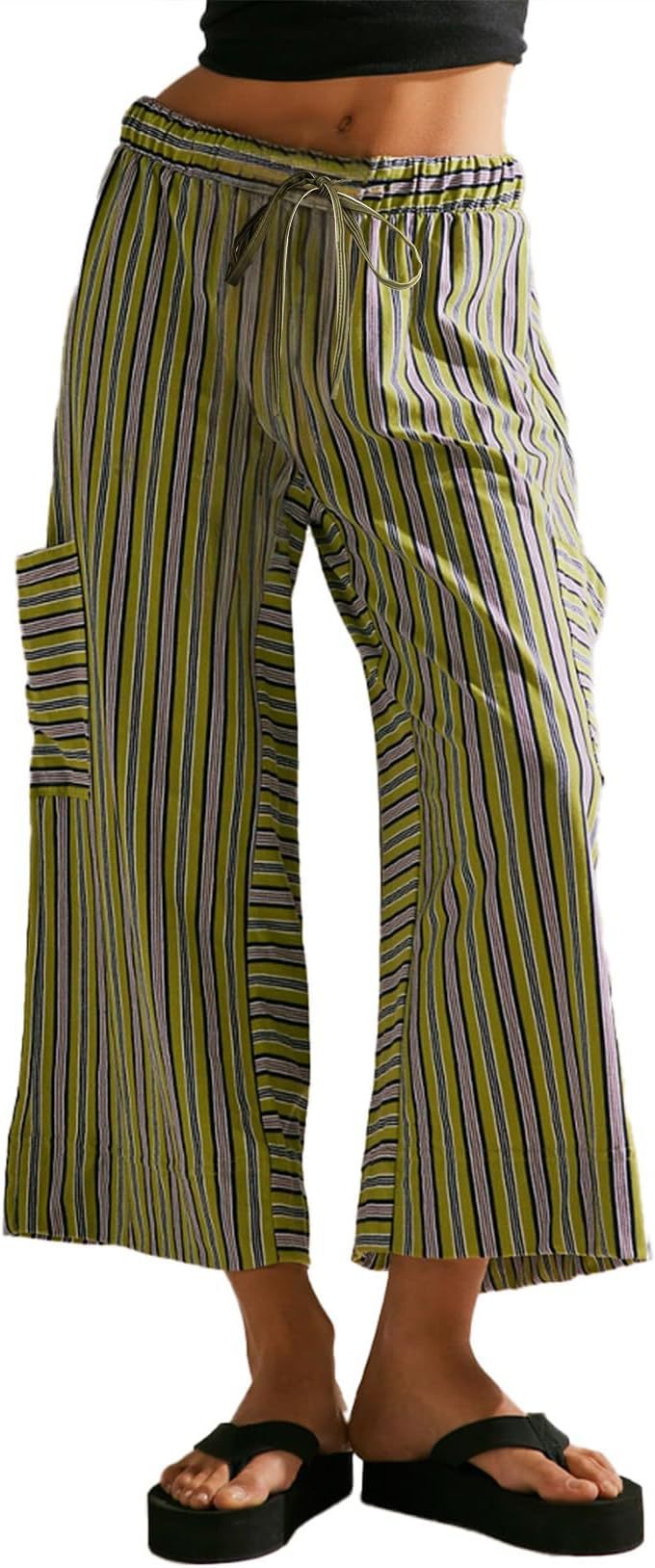 Women's Striped Drawstring Wide Leg Beach Breathable Pants