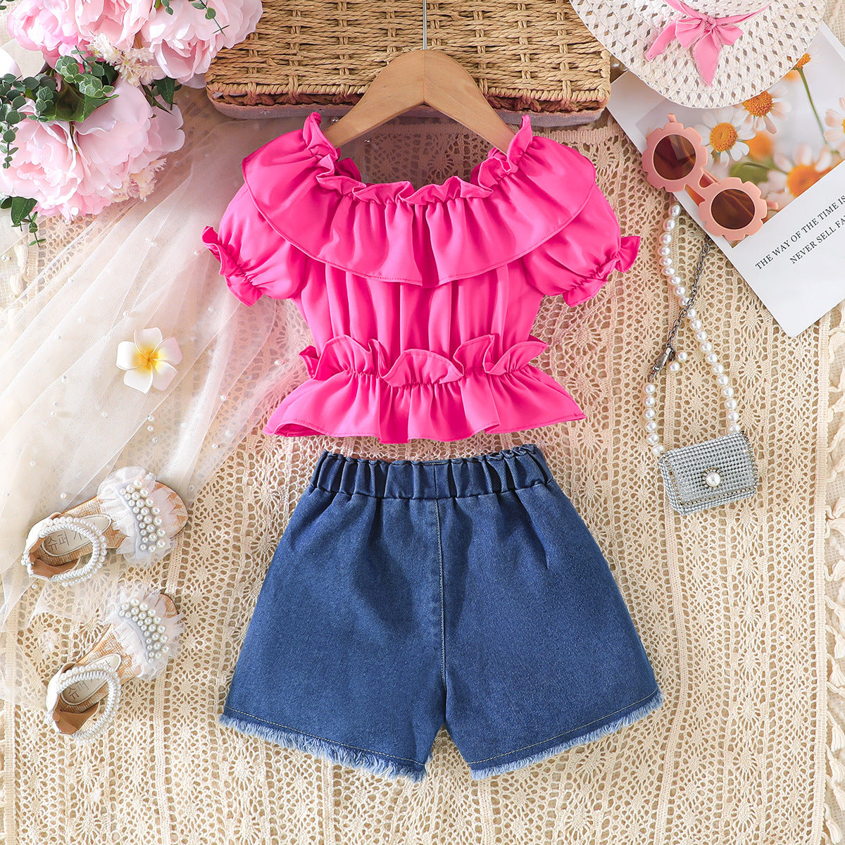 Summer Wear Pure Color Ruffles Top Love Denim Children's Suit