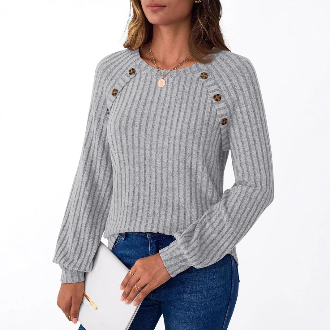 Women's Stripe Fashion Knit Long Sleeve Button Women's T-shirt