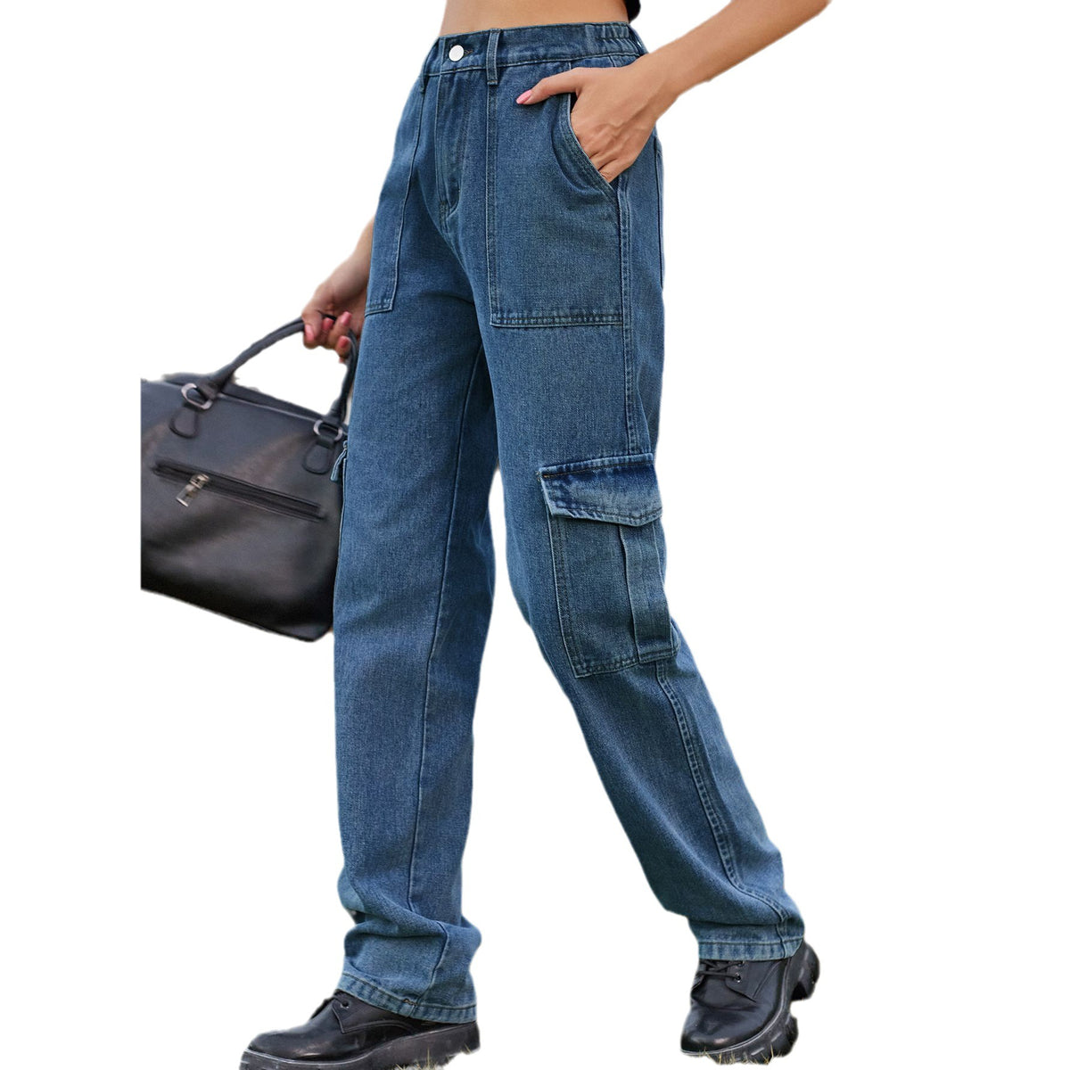 Women's American Retro Washed Design Personality Denim Cargo Women's Jeans