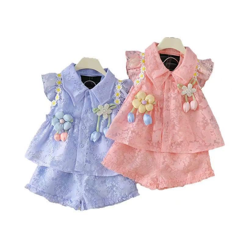 Korean Style Single-breasted Floral Thin Summer Regular Flying Sleeve Children's Suit