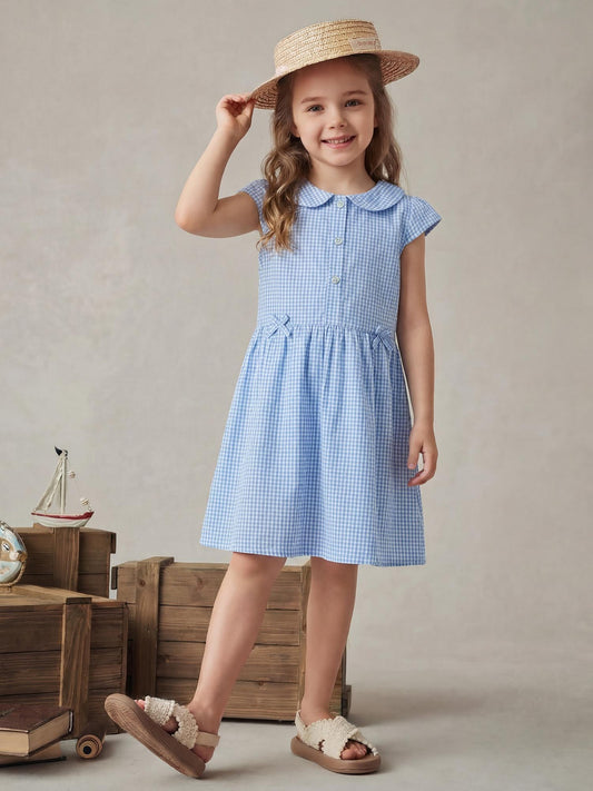 Style Lapel Lace Bow Short Sleeve Woven Cotton Summer Children's Dress