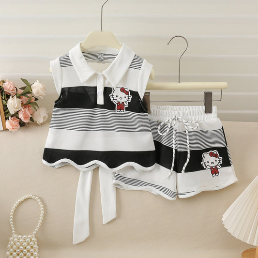 Children's Summer Sweet Cute Medium Big Western Style Striped Love Children's Suit