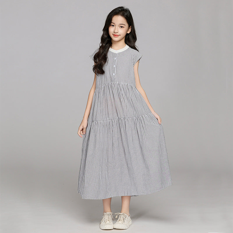 Small Teen Striped Summer Sleeveless Stand Collar Children's Dress