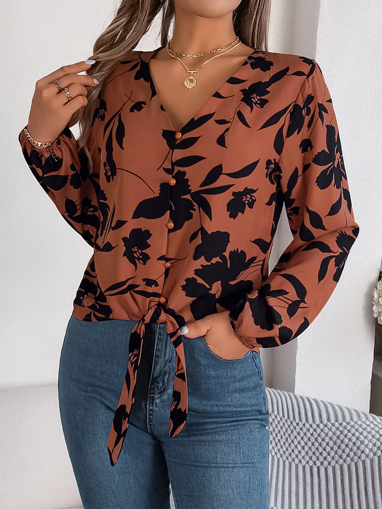 Women's Casual Contrast Color Flower Lantern Sleeve Lace Shirt, Chiffon Shirt