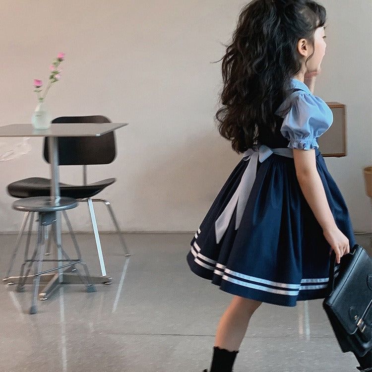 Summer Fake Two-piece Preppy Style Bubble Sleeve Children's Dress