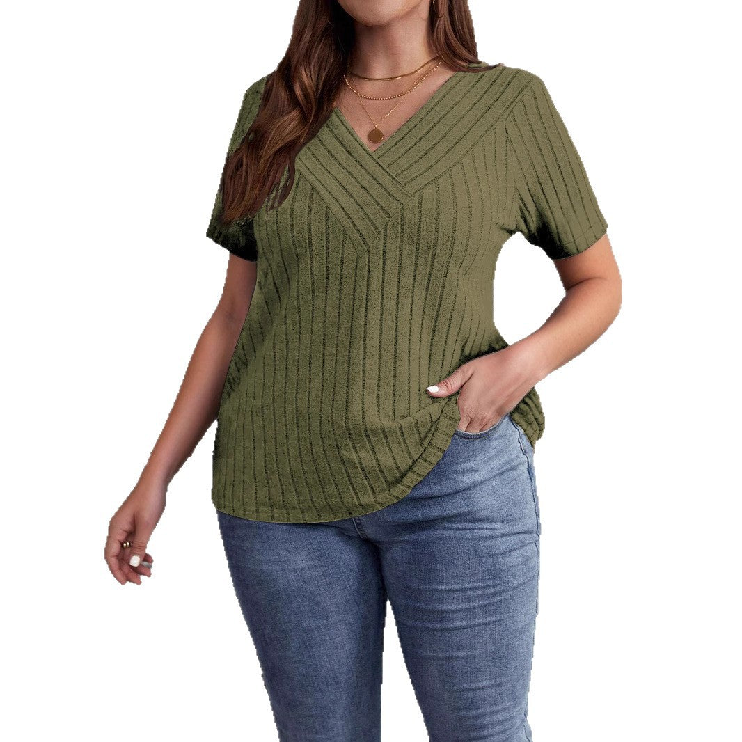 Spring Sleeve Brushed Sunken Stripe Solid Color Large Size T-shirt