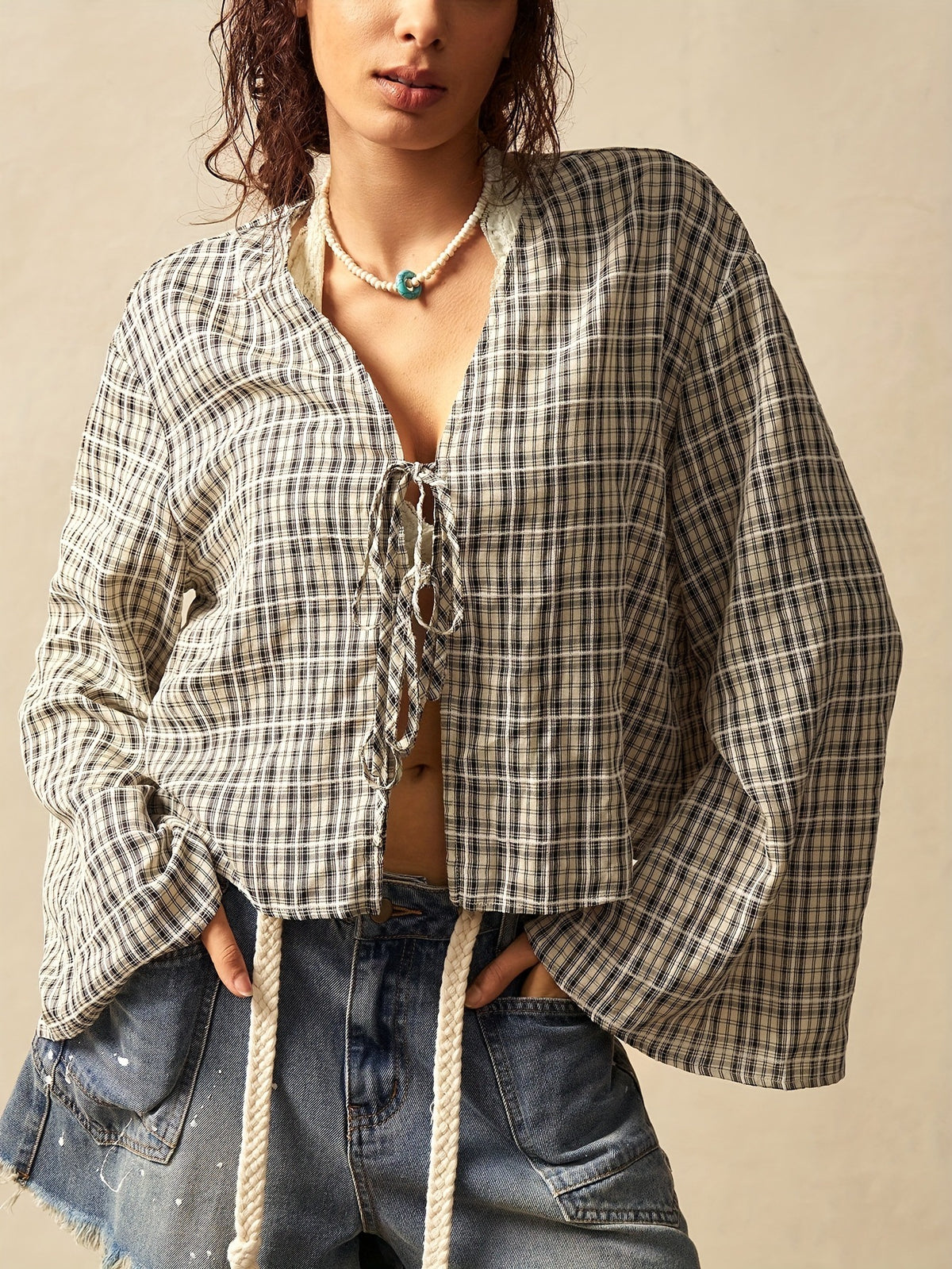 Women's American Retro Plaid Shirt Collar Flared Sleeve Blouse