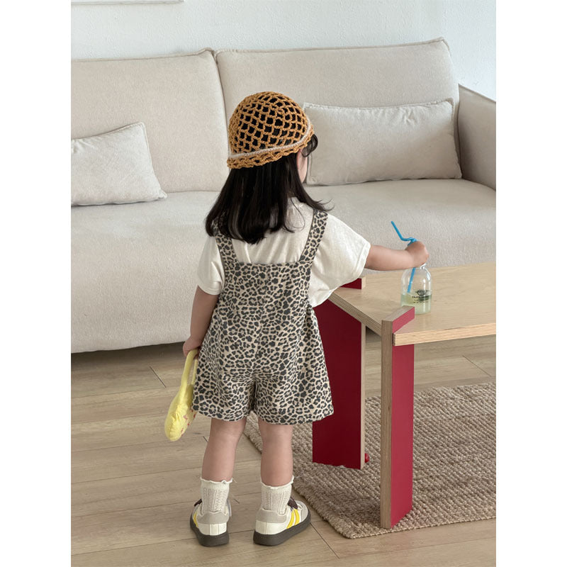 Children's Summer Soft Leopard Print Suspender Pants White T-shirt Children's Suit