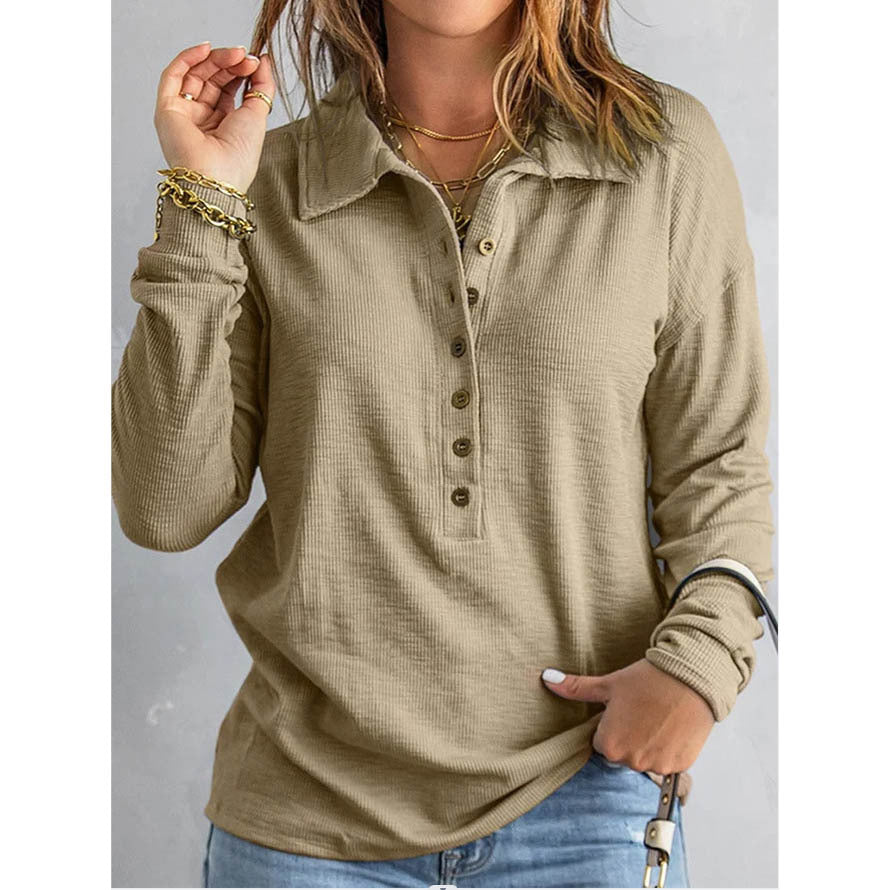 Women's Solid Color Single-breasted Lapel Long Sleeve Loose Casual Women's T-shirt