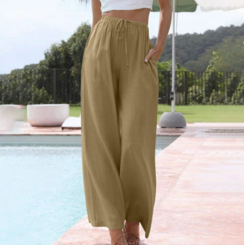 Women's Cotton Linen Drawstring High Waist Wide Casual Pants