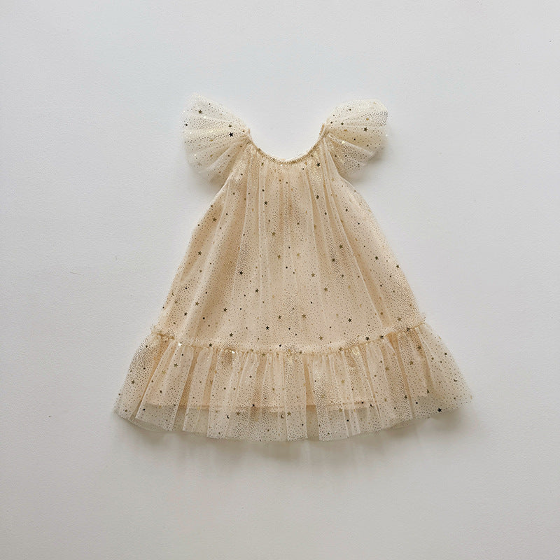 Children's Sweet Birthday Star Mesh Korean Princess Flounced Sleeve Bubble Children's Dress