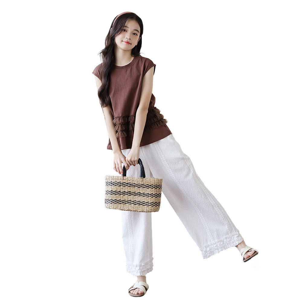 Style Casual Summer Jacquard Cotton White Wooden Ear Wide Children's Suit