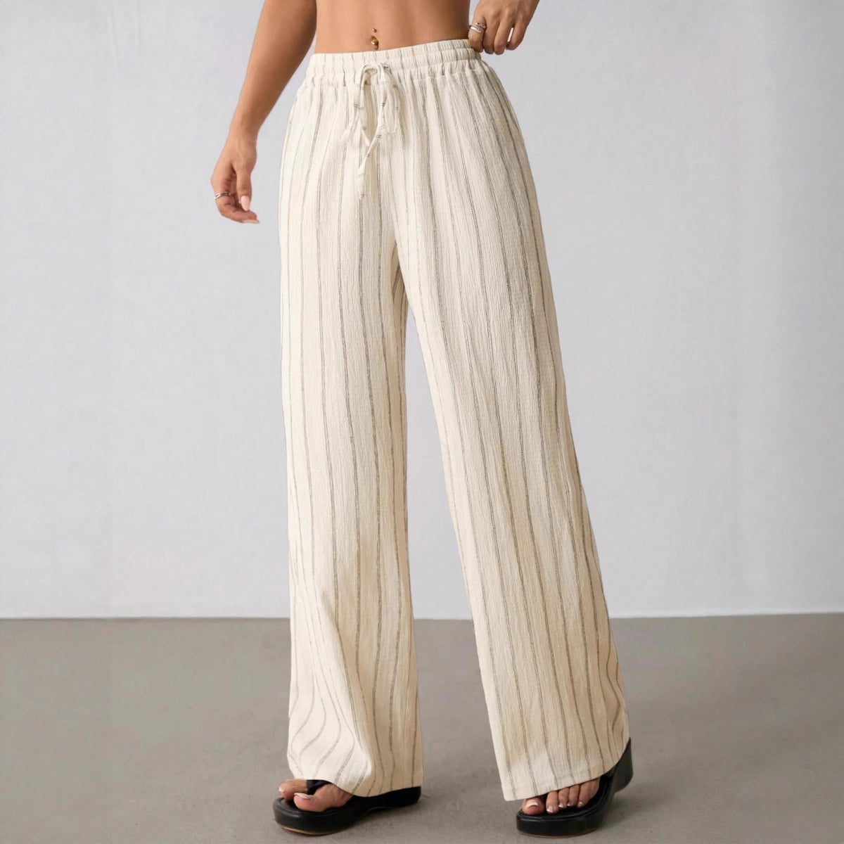 Women's Loose Striped Drawstring Elastic Waist Contrast Color Wide Leg Casual Pants