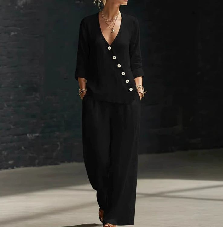 Women's Loose Diagonal Button Shirt Wide Leg Two-piece Fashion Casual Suit