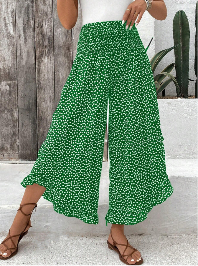 Polka-dot Loose-fitting Cinched Figure Flattering Wide Casual Pants