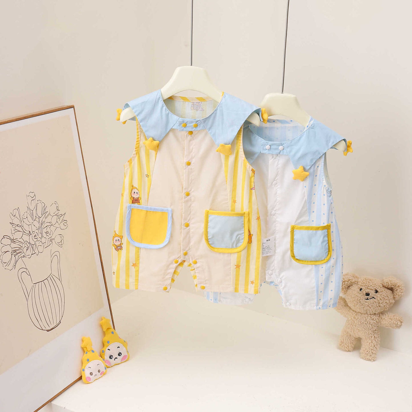 Cute Style Boy Cartoon Star Dream Blue Pocket Doll Short Jumpsuit, Climbing Suit