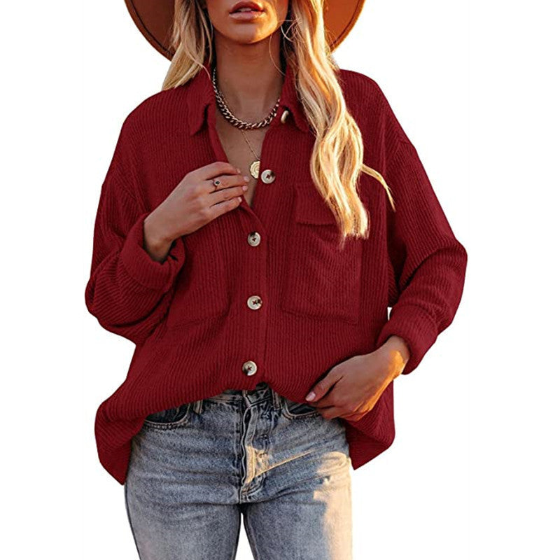 Women's Solid Color Loose Corduroy Lapel Double Pocket Long Coats