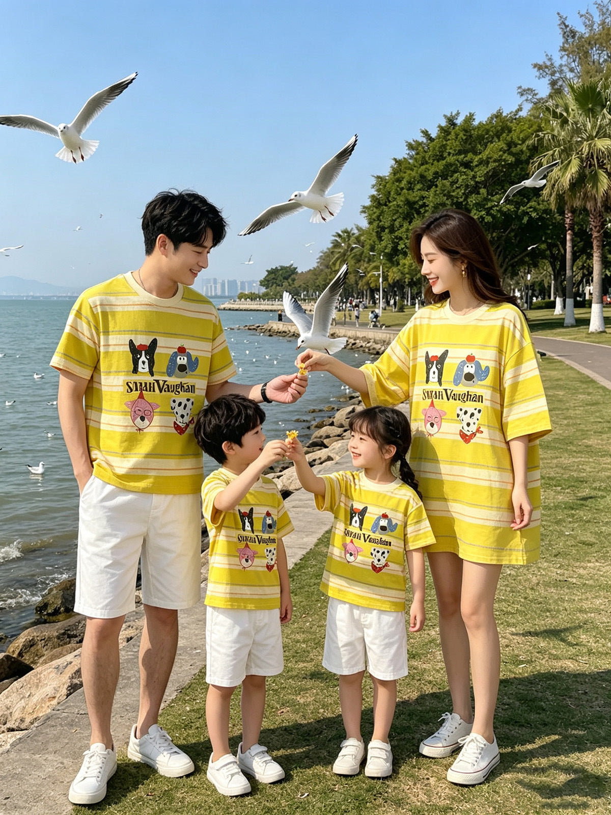 Cartoon Puppy T-shirt Family Of Four Seaside Parent-child Outfit