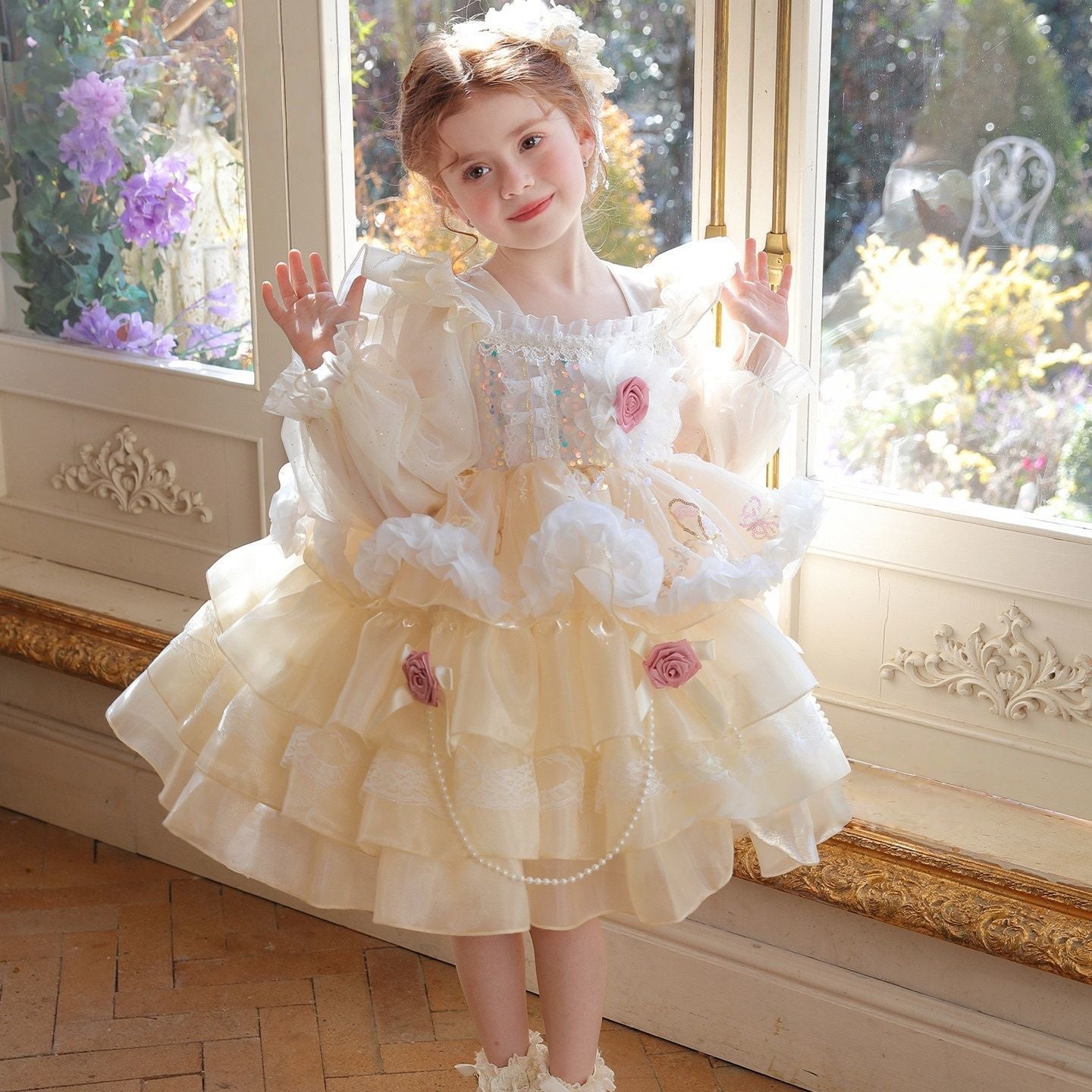 Children's Princess Long Sleeve Mesh Cake Rose Decorative Tulle Children's Dress