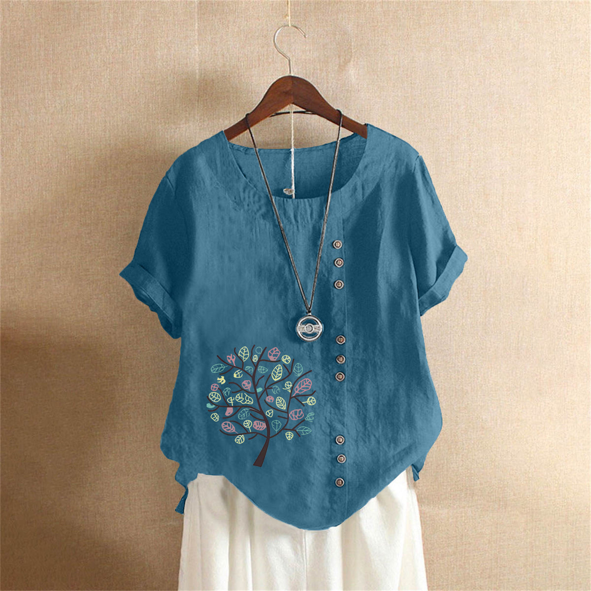 Women's Retro Large Casual Loose Cotton Linen Sleeve Pullover Happiness Women's T-shirt