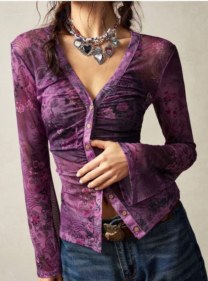 Women's Summer Mesh Floral Print Shirt Slim Fit Slimming Retro Temperament Blouse