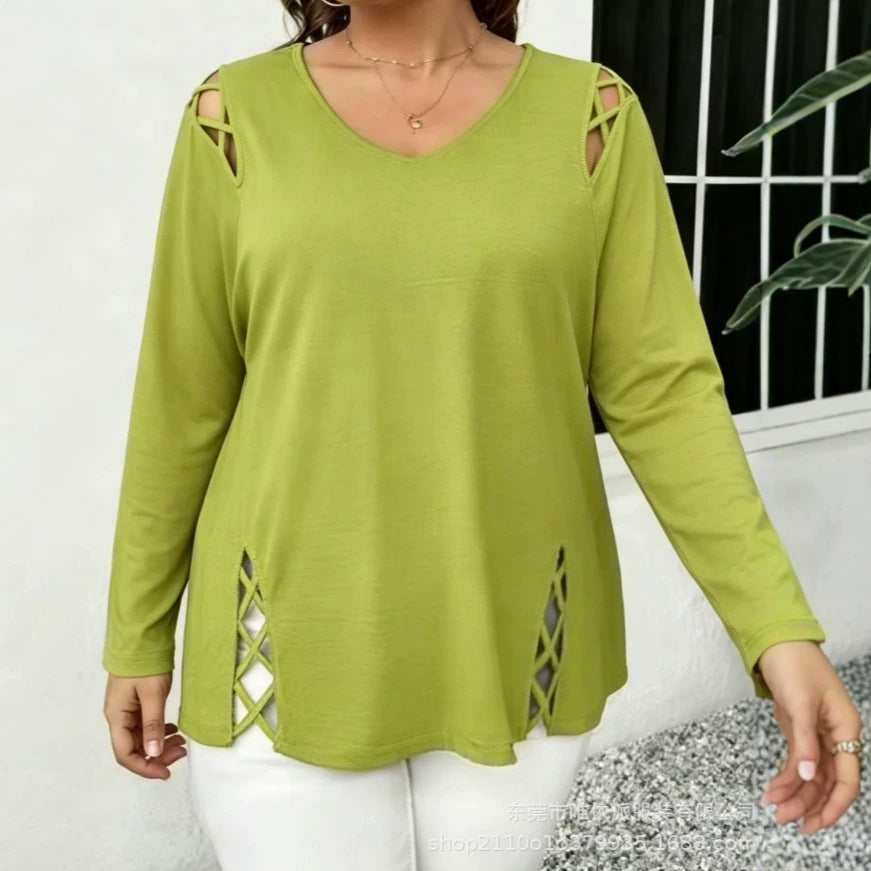 Women's Leisure Long Sleeve Shoulder Side Cross Hollow Plus Size