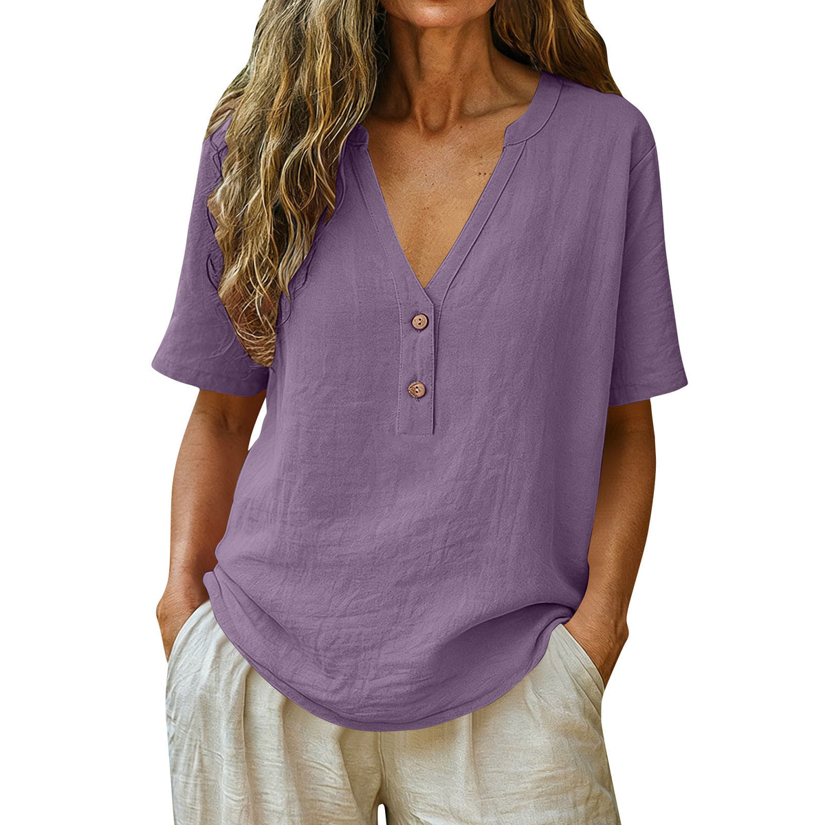 Women's Solid Color Button Fashion Sleeve Women's T-shirt