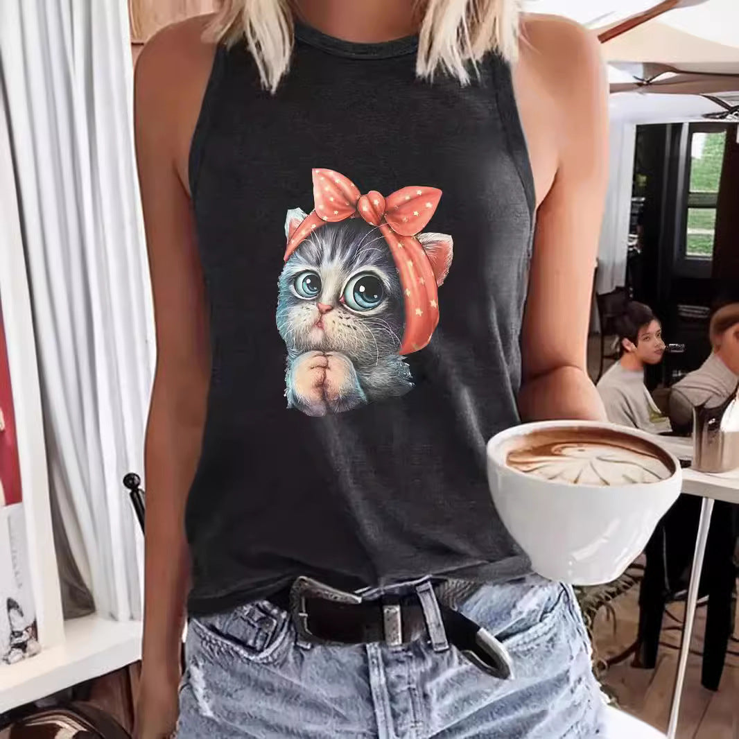 Women's Cat Printing Round Neck Casual Sleeveless Small Vest/suspenders/tube Top