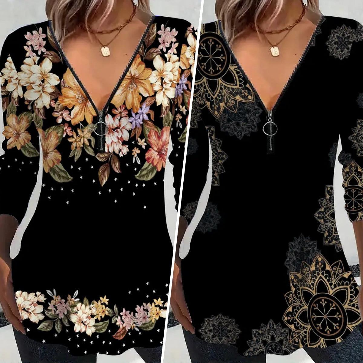 Women's Elegant Casual Zipper Floral Print Long Tops