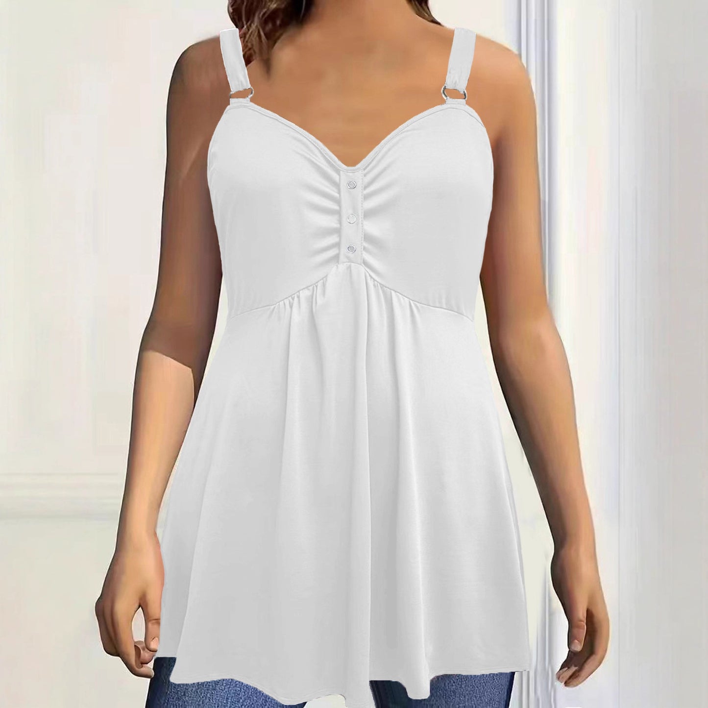 Versatile Solid Color Wide Shoulder Strap Pleated Large Vests