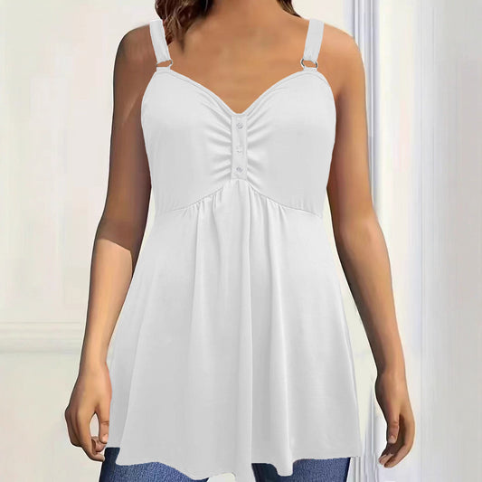 Versatile Solid Color Wide Shoulder Strap Pleated Large Vests