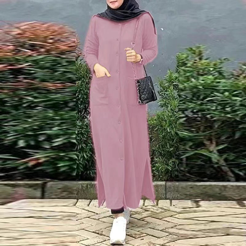 Long Sleeve Solid Color Shirt Dress Loose Side Blouse