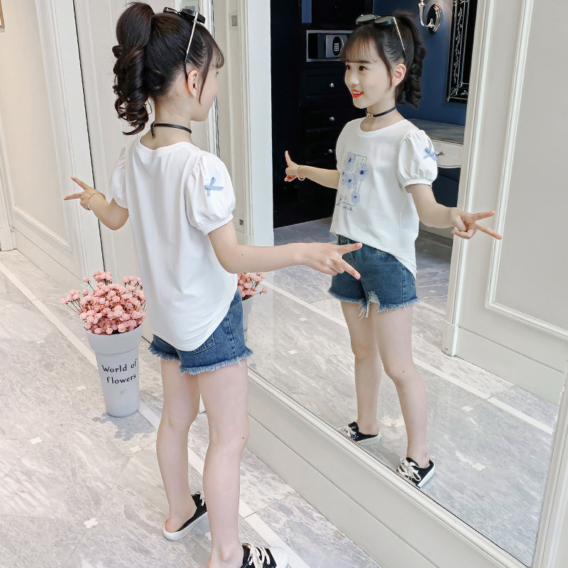 Children's Summer Clothes Western Style Puff Sleeve Top Medium Big Cotton Children's T-shirt
