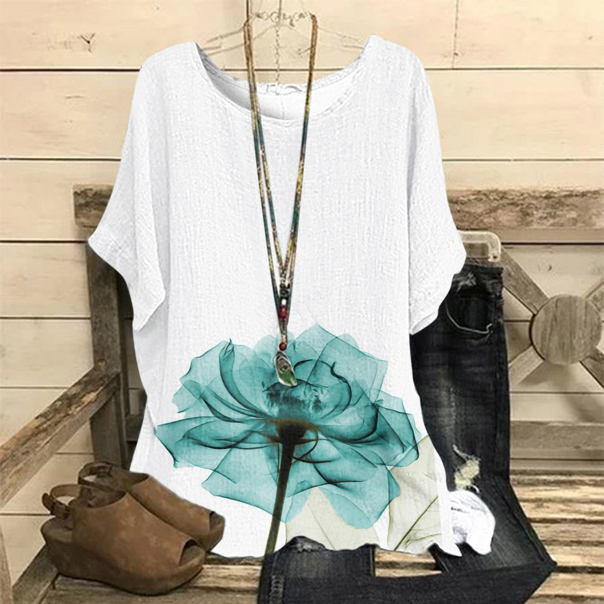 Women's Summer Loose Print Crew Neck Casual Women's T-shirt