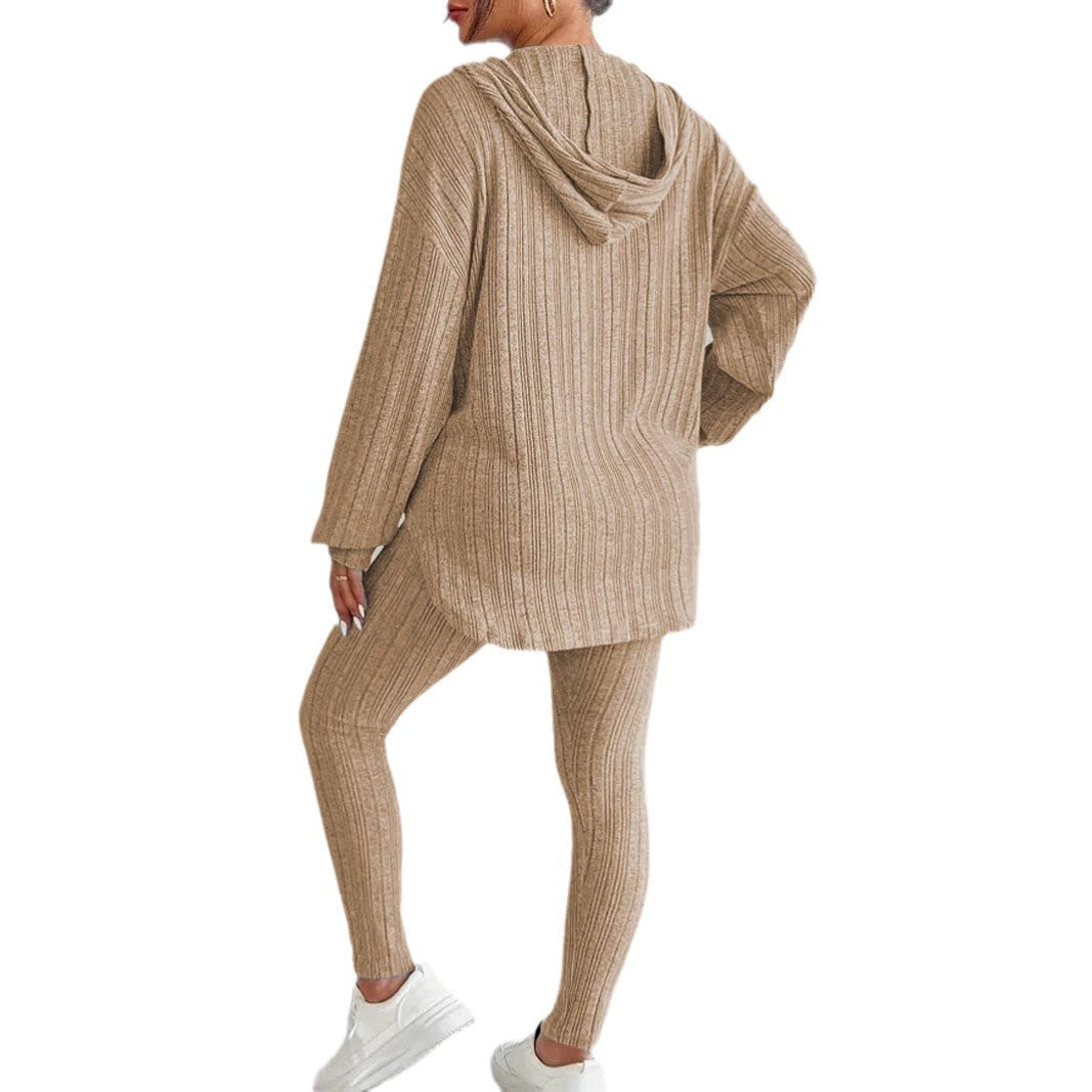 Women's Solid Color Long Sleeve Hooded Trousers Suits