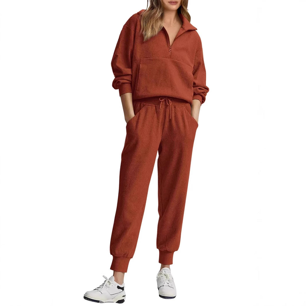 Unique Women's Half Zipper Long-sleeved Trousers Sweaters