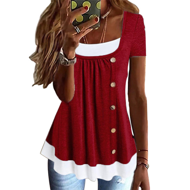 Women's Summer Round Neck Loose Pleated Button Two-piece Women's T-shirt