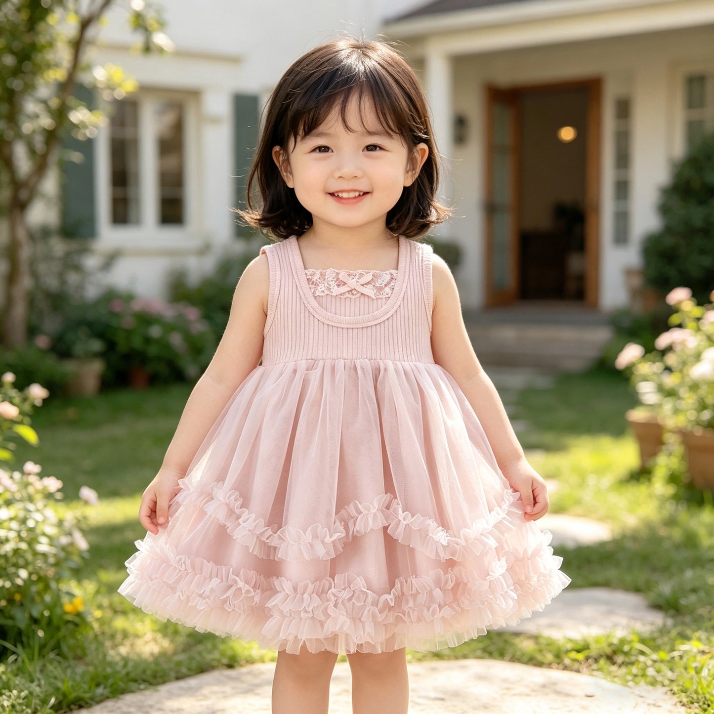 Style Pink Mesh Vest Skirt Summer Ocean Bow Cute Children's Dress
