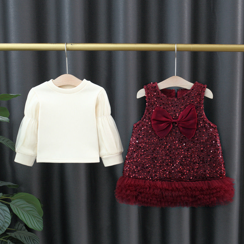 Children's Fleece-lined Red Vest Skirt Set Winter Children's Dress