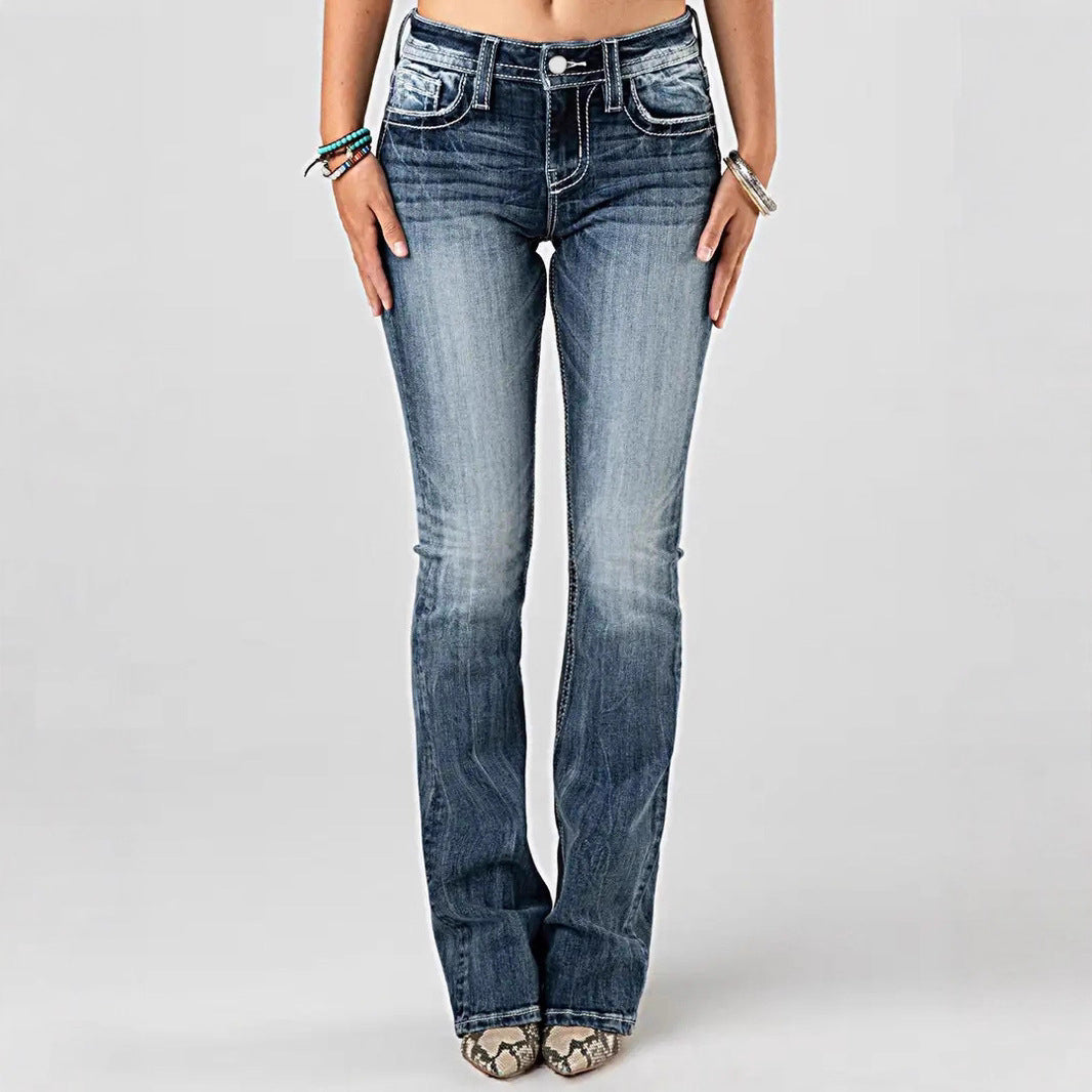 Women's Embroidered Washed Stretch Denim Trousers Slim Street Women's Jeans